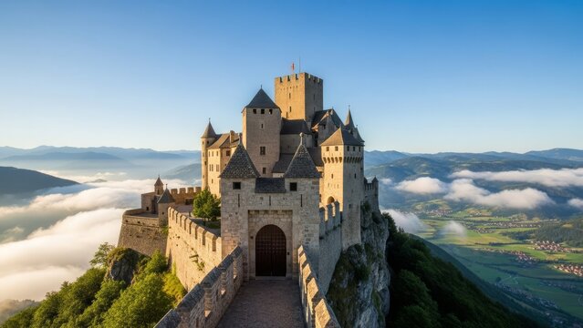 Aerial view of a medieval castle perched on a hill surrounded by lush greenery and misty clouds