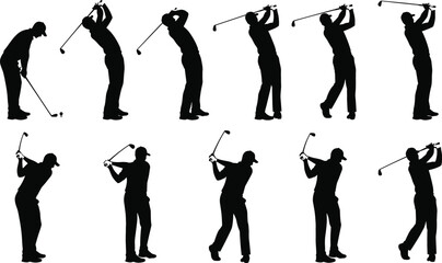 Vector set of black golfer silhouettes showing a complete sequence of a golf swing from address to finish