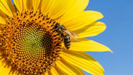 Obraz premium A close-up view of a honeybee collecting nectar from a vibrant sunflower against a clear blue sky