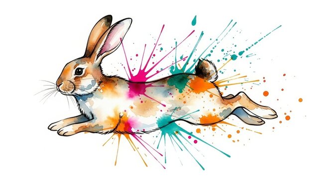 A dynamic rabbit in motion, leaping with vibrant colors and splashes surrounding it, captured from a side viewpoint.