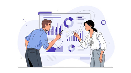 Business meeting: two colleagues analyzing charts and graphs on a whiteboard