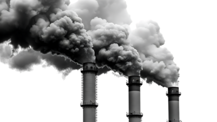Industrial smokestacks emitting thick smoke isolated on a transparent background pollution factory