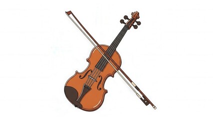 Elegant Wooden Violin with Bow and Musical Notes on White Background