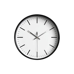 Minimalist white clock face with black hands and markers on black background time