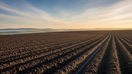 Aerial view of vast farmland with plowed soil and rows of furrows stretching to the horizon at sunrise
