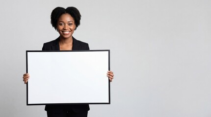 Smiling Businesswoman Holding Blank Sign