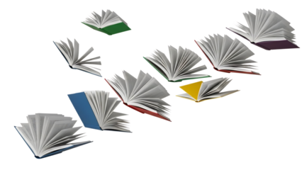 Colorful books flying in air with white pages and various colored covers isolated on a transparent background