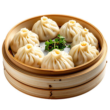 Juicy buuz with beef and scallion filling, beautifully cooked and isolated on white background for publications