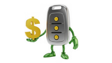 Car key character holding dollar sign isolated on transparent background