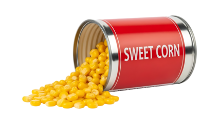 Red can of sweet corn with yellow kernels spilling out isolated on a transparent background metal rim