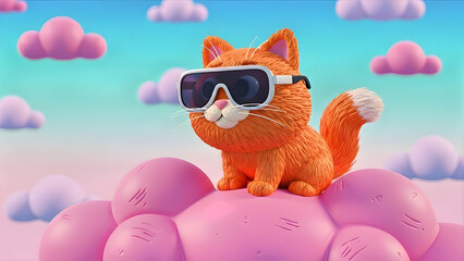 Stylish Cat: An orange cat sports stylish shades while lounging atop a fluffy, pink cloud under a whimsical sky, embodying a unique blend of coolness and playful charm. GENERATIVE AI