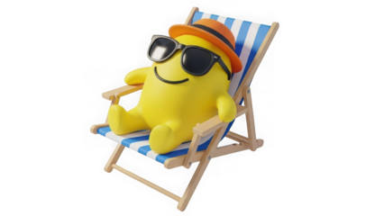 Yellow smiley character relaxing on a striped deck chair isolated on transparent background