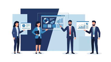 Business Team Presenting Financial Data with Charts and Graphs on Screens