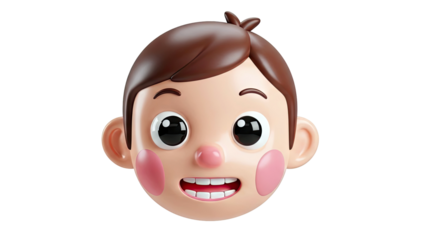 3D Rendered Cartoon Child Face with Big Eyes and Pink Cheeks