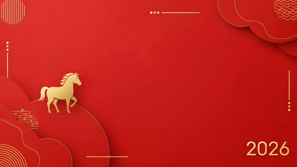 Golden Horse and 2026 on Red Background for Lunar New Year