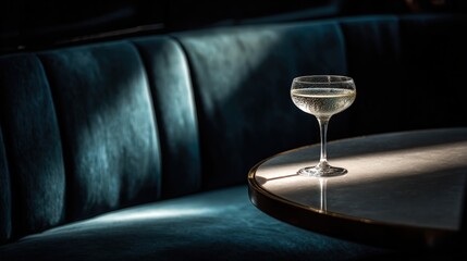 Elegant Cocktail on the Table: A chic cocktail glass, filled with a refreshing beverage, sits elegantly on a stylish table, illuminated by a beam of light.