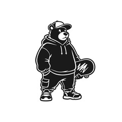 Cool Bear Skater in Hoodie and Cap Holding Skateboard.
