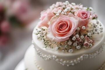 Romantic Floral Wedding Cake Detail with Blush Roses
