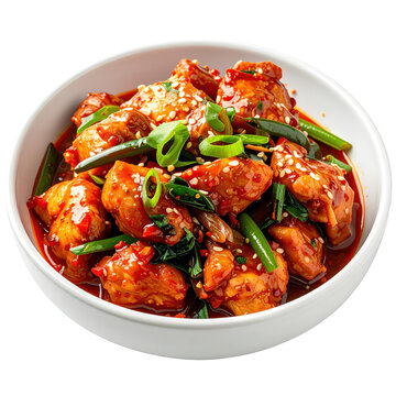 A sizzling plate of dak galbi, featuring marinated chicken and vegetables in a spicy gochujang sauce, isolated on white background