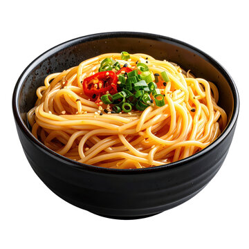 A small bowl of dan zai noodles from tainan, featuring a flavorful broth and various toppings, isolated on white background