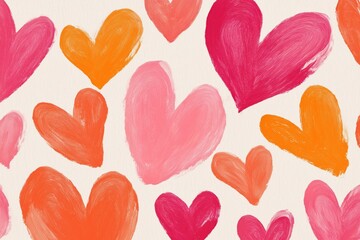 pattern of hearts in shades of pink and orange, hand-drawn with thick brush strokes on a white background Generative AI