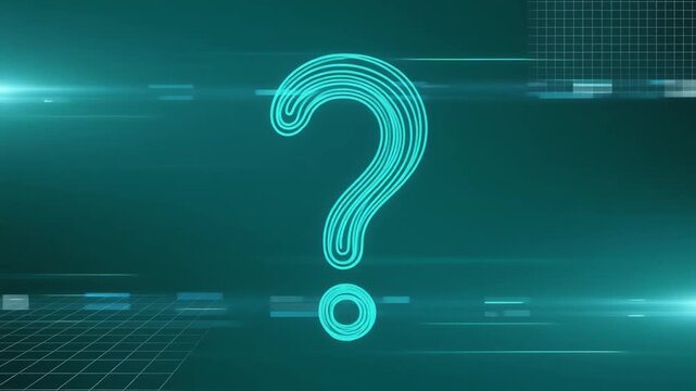 Glowing teal question mark symbol with digital grid background and light flares.