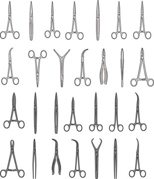 Silhouettes of 25 distinct surgical instruments including forceps, scissors, clamps, and needle holders arranged in a grid for medical or educational use.
