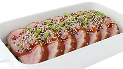 Sliced pork tenderloin with sesame seeds and green onions in a white dish
