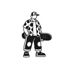 Stylish Skateboarder Standing with Board Minimalist Illustration.