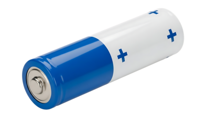 Blue and white battery with silver terminal and blue crosses isolated on a transparent background