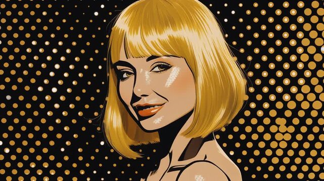 A pop art style illustration of a smiling blonde woman winking against a sparkling golden and black background.