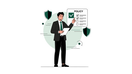 Businessman pointing at policy document with security shields, business concept