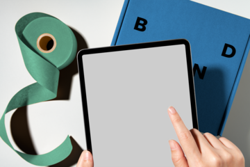 Tablet png mockup, transparent screen, online business concept, blue parcel box below