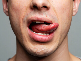 Close up of man's mouth with tongue sticking out showing dry lips cracked