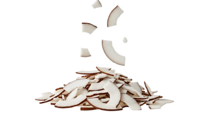 Coconut flakes falling on a pile of coconut flakes isolated on a transparent background white brown