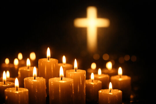 Illuminated Christian Cross with Burning Candles in Dark Church Setting
