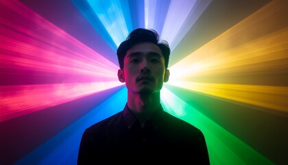 Floating object lit by opposing warm and cool neon glows, a man surrounded by vibrant colors