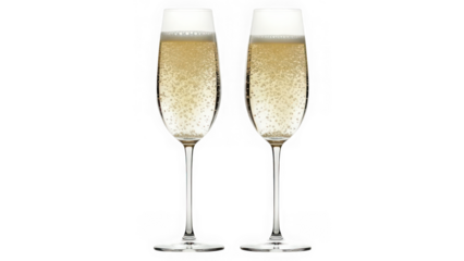Two champagne flutes filled with bubbly champagne isolated on transparent background