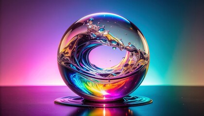 Surreal calm Firefly Color glow emerging from within an ordinary glass sphere on a reflective surface