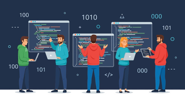Team of programmers collaborating on coding projects with digital screens and laptops