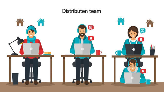 Remote team working together, distributed workforce, home office concept, diverse employees