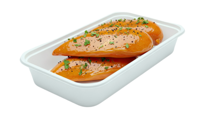 Two glazed chicken breasts with parsley and pepper in a white tray