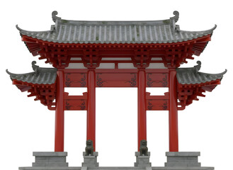 Traditional oriental gatehouse architecture with red columns and stone lions illustration