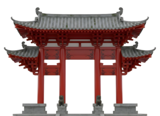 Traditional oriental gatehouse architecture with red columns and stone lions illustration