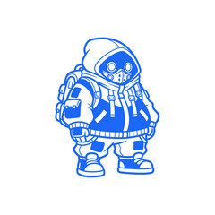 Cute cartoon character wearing a gas mask and backpack.