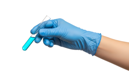Hand in blue glove holding a small teal tube with white cap isolated on a transparent background medical
