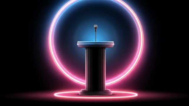 Podium with microphone under neon light in a dark scene