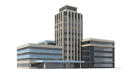 Modern Office Building with Tall Central Tower and Attached Wings