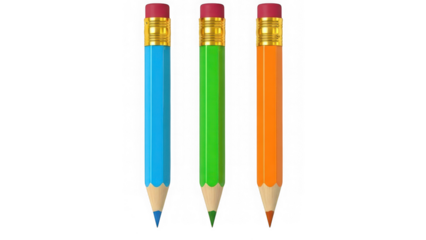 Three colored pencils on transparent background isolated