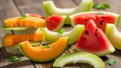 Creative 3D food art illustration of sliced tropical fruits including melon and watermelon, arranged in a vibrant and appetizing composition.